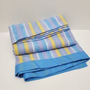Vintage Twin Sized Striped Fleece Blanket Satin Trim Blue Purple Yellow White